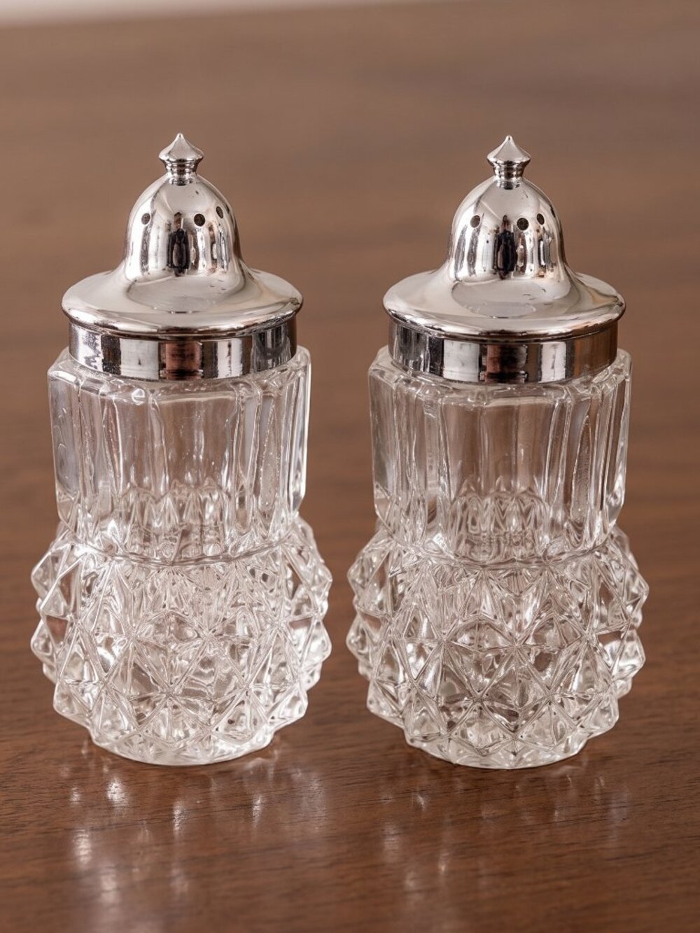 Vintage Diamond Point Glass Salt & Pepper Shakers Hong Kong Set of 2 3.75"